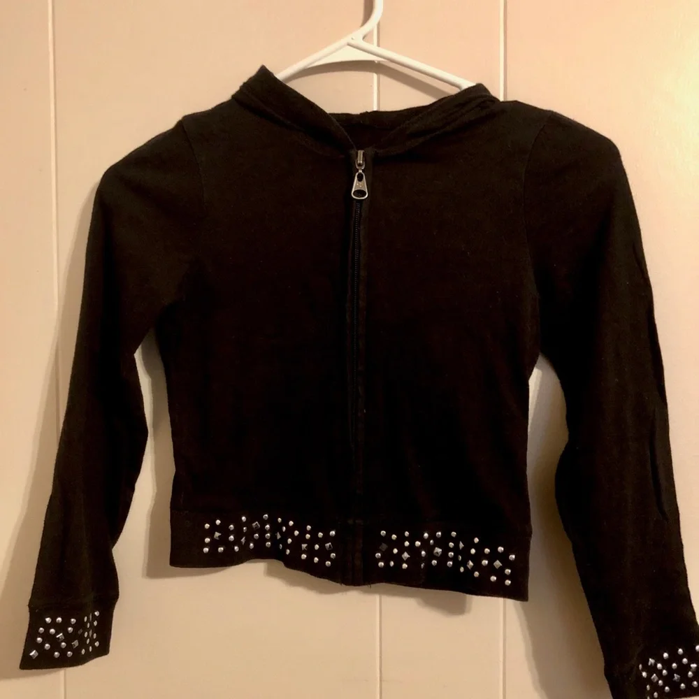 Justice Girl's Full Zip Embellished Black Hooded Shirt Size 7